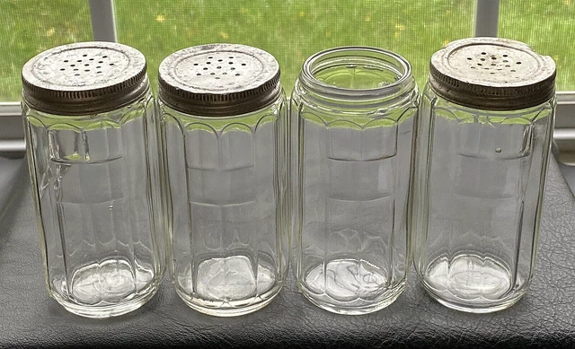 Set of Four Hoosier Cabinet Ribbed Glass Spice Shakers 4-1/4" tall with Tin Tops