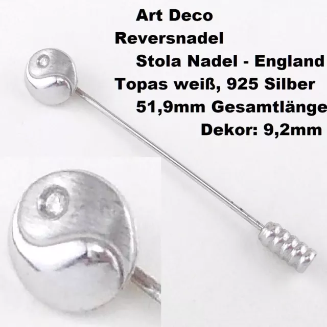 Revers-Nadel 925 Silber Topas weiß - Yin Yang Antik Art Deco 9,2mm B x 51,9mm L