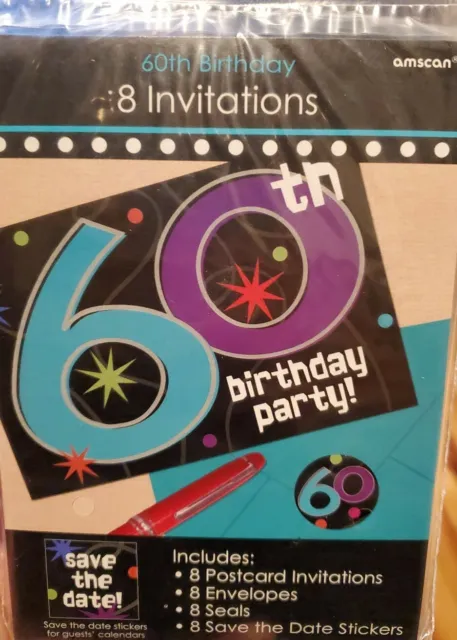 60th BIRTHDAY PARTY INVITATIONS (8) ~ Includes envelopes, seals & save the dates