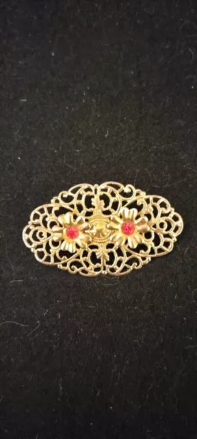 Beautiful Antique CZECH Gold Tone Brooch with Red Glass Stones Inside 2 Flowers
