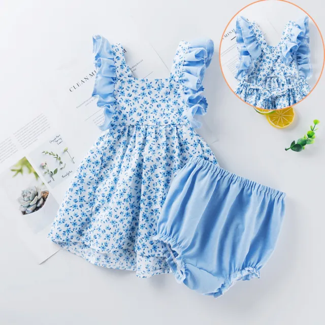Newborn Baby Girls Summer Floral Dress Shorts Outfits Infant Backless Dress Sets