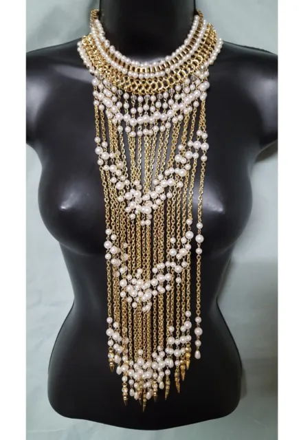 Statement Necklace Fashion Jewelry Gold Color Chain  White Pearl-like Beads 19"