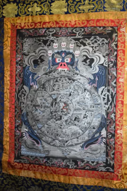 Thangka Mahakala mit Lebensrad, Tibet, Silbermalerei, Seidenbrokat, 118x79cm