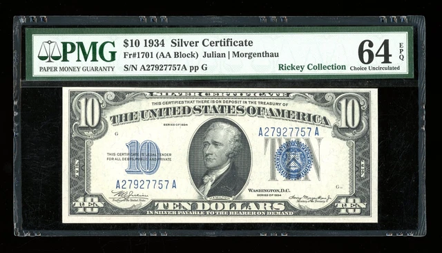 DBR 1934 $10 Silver Certificate Fr. 1701 PMG 64 EPQ Serial A27927757A