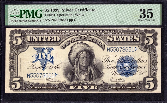 1899 $5 Silver Certificate Chief Note Fr.281 Speelman White Pmg Choice Vf 35