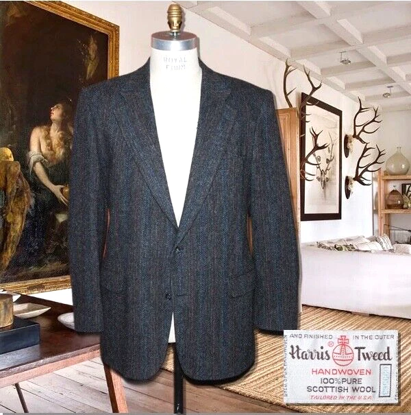 Harris Tweed Men's Blazer 44L Fit Gray Herringbone Wool Patrick James Sport Coat