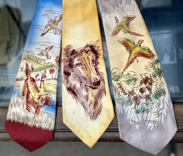 Vintage 40s 50s Lot Of 3 Hand Painted Neckties Hunting Dogs Birds Naughty Tie