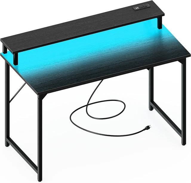 47INCH COMPUTER DESK with LED Lights & Power Outlets, Black Computer