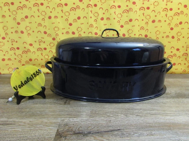 SAVORY VTG Blue Enamel Double Lined Large Oval Roasting Pan w/Lid 17.5x11.5x7.5"