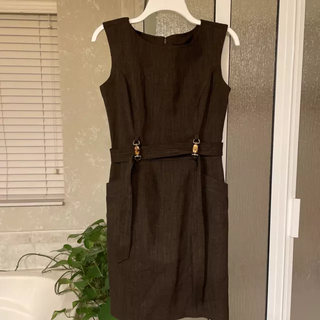 Ellen Tracy Brown Sleeveless Belted Lined Sheath Dress With pockets Sz 2