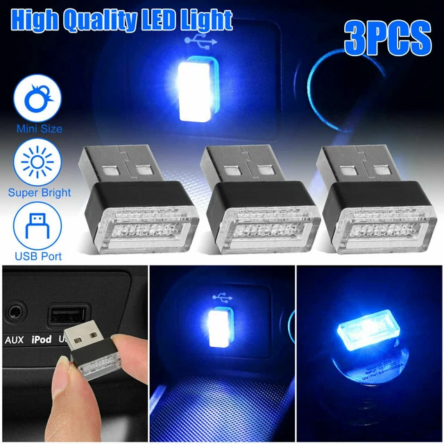 3x Mini Blue LED USB Car Interior Light Neon Atmosphere Ambient Lamp Accessories