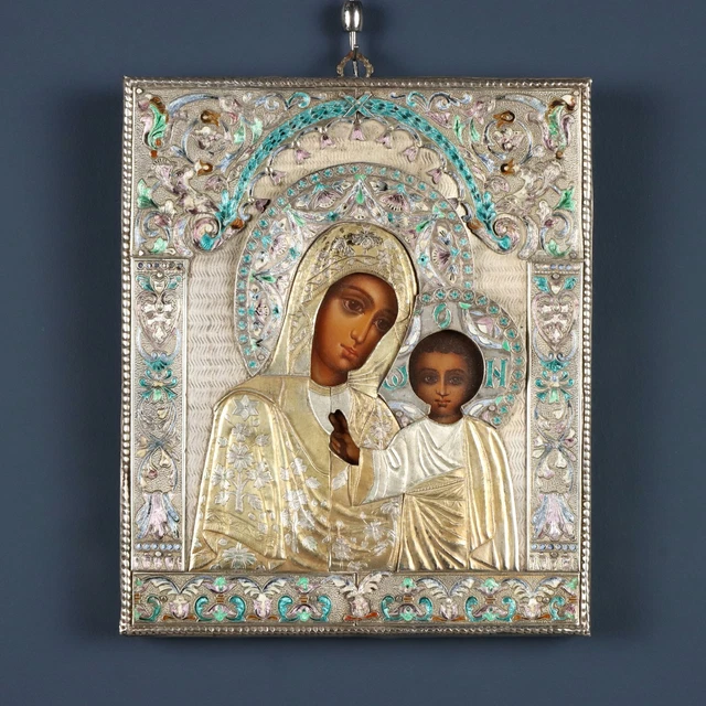 Icône Russe Vierge à L'Enfant - Argent Massif 84 - 1849 - Antiquité Religieuse