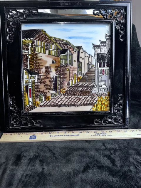 FRAMED GLAZED RAISED TILE STREET SCENE  17 X 17 IN iNTRICATE BLACK FRAME