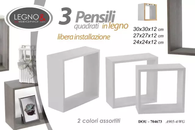 Set 3 Mensole Moduli Da Parete In Legno Quadrate Libera Installazione Dou-704673