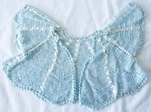 Vintage Baby Sweater Blue Crocheted with White Ribbon Threading 12 Months 1950's