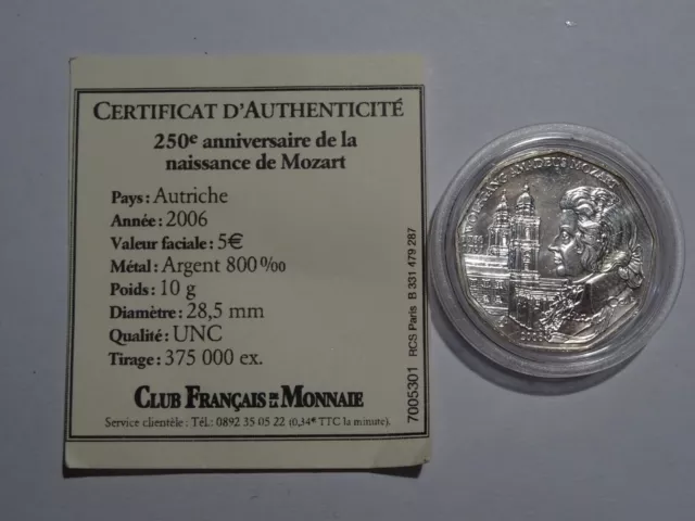 Monnaie Autriche 5 Euros Argent 2006 Mozart + Certificat (85-49)