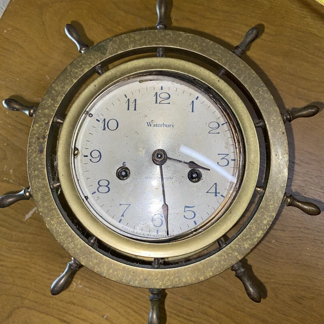ANTIQUE WATERBURY U.S.A Heavy Brass Ships Wheel Clock WITH KEY nautical