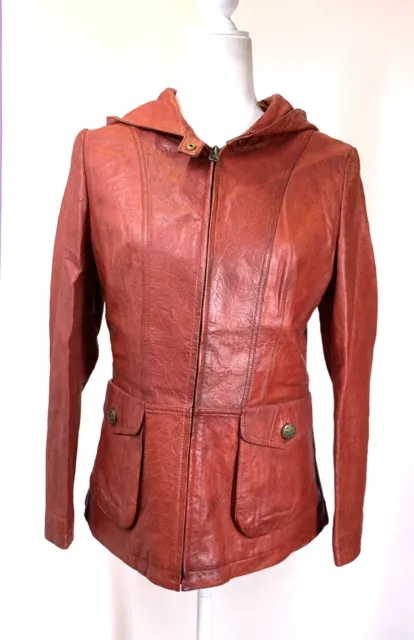 NWT Womens Genuine Leather Oil Wax Retro Style Hooded Coat 00-2/xxs/Xs Bust 37.5