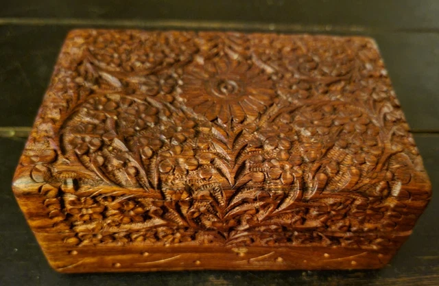 Vintage Old Antique Handmade Beautiful Floral Design Embossed Wooden Jewelry Box