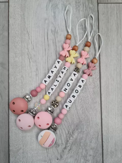 Baby Girl Personalised Silicone Dummy Clip With Bow Pacifier Holder Chain Strap