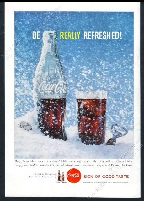 1959 Coke Coca Cola bottle photo in snow vintage print ad