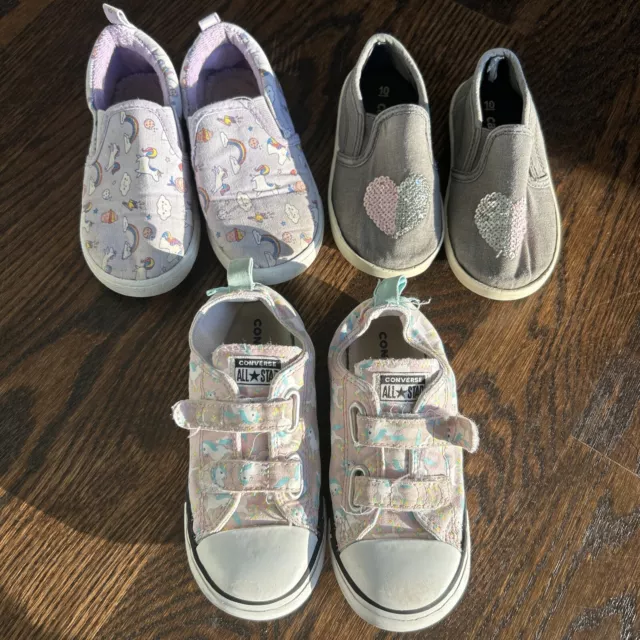 Girls Shoe Lot Size 10 Toddler Converse, Carters, Unicorns & Hearts Preschool