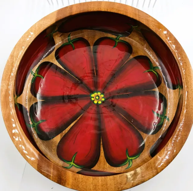 Large Hand Painted Wooden Bowl 12” Red Peppers Lacquered  Fruit Console Bowl 2