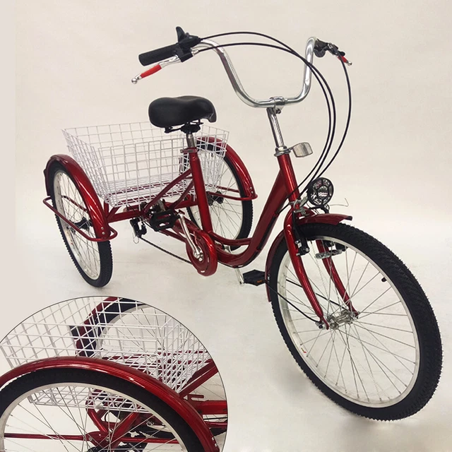 Tricycle Adulte 24 Pouces 6 Vitesses – Pour Senior, Avec Panier, Dossier, Guidon Réglable