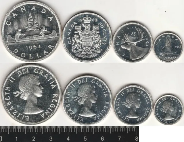 Canada: 1963 $1, 50c, 25c & 10c QEII (4) SILVER Prooflike BU