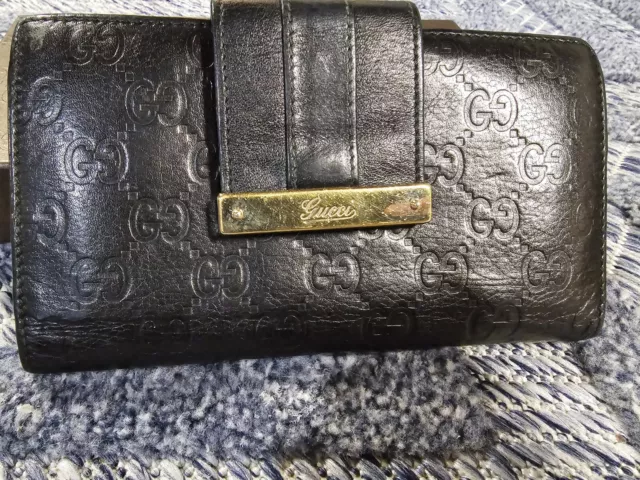 Womens Vintage Gucci Monogram GG Supreme Black Leather Flap Buckle Long Wallet