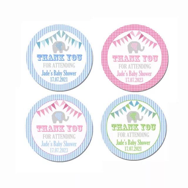 24 Baby Shower Personalised Round Stickers Labels Ready To Pop Favours Elephant