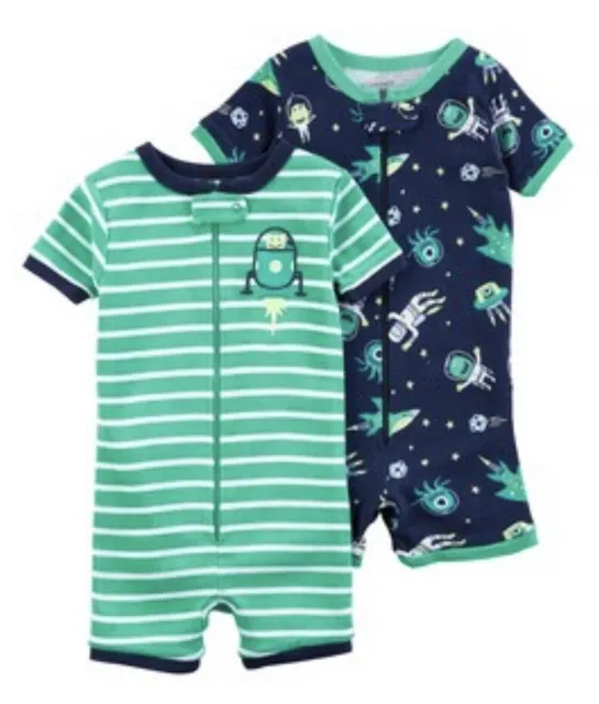 Carters Romper Pajamas Boys 18 Months 2-Pack Blue Green Spaceship Play Bodysuits