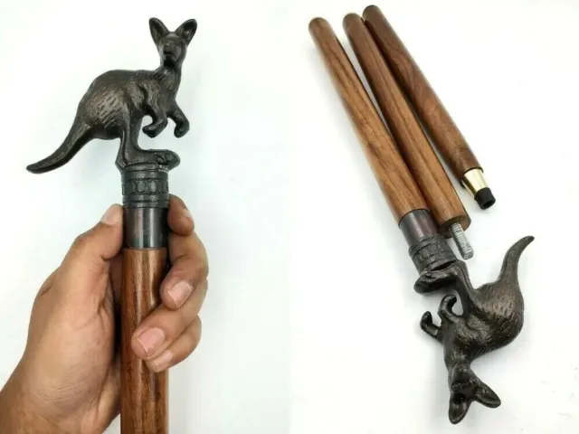 Antique Finish Metal Kangaroo Head Handle Wooden Walking cane-Walking Stick-Cane