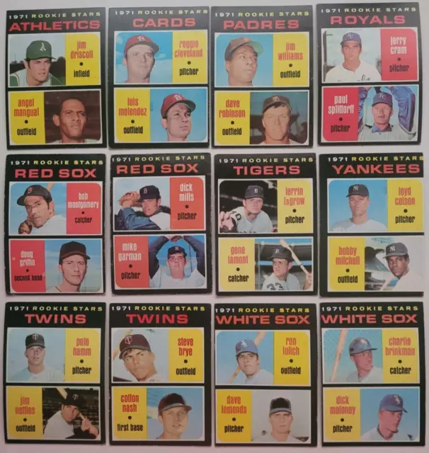 1971 TOPPS Baseball 12 Cards Rookies EX to NRMT A's Cards Yankees Red Sox Twins+