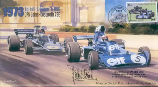 1973 TYRRELL-COSWORTH JPS LOTUS-COSWORTH MONACO F1 cover signed JACKIE STEWART