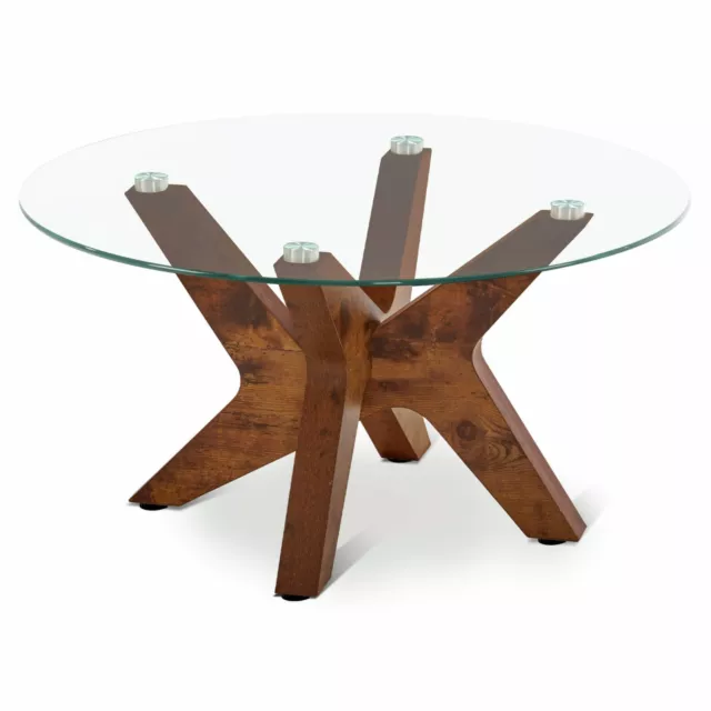 Ivinta Modern Round Glass Coffee Table with Cross Wood Legs for Living Room 2