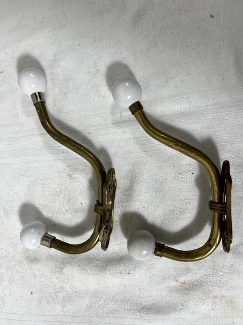 2 Vintage Never Used Brass Porcelain Hat Coat Hooks Towel Hook