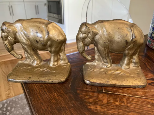 Antique Pair Cast Iron/Bronze Finish Elephant Bookends Excellent Orig Condition