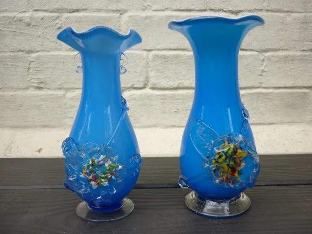 VINTAGE Pair of Blue Plum Blossom Scalloped Cased Art Glass Vase White Interior