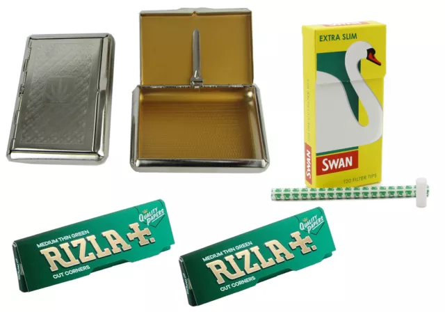 Metal Tobacco Tin + Rizla Green Regular Papers + Swan Extra Slim Filter Tips