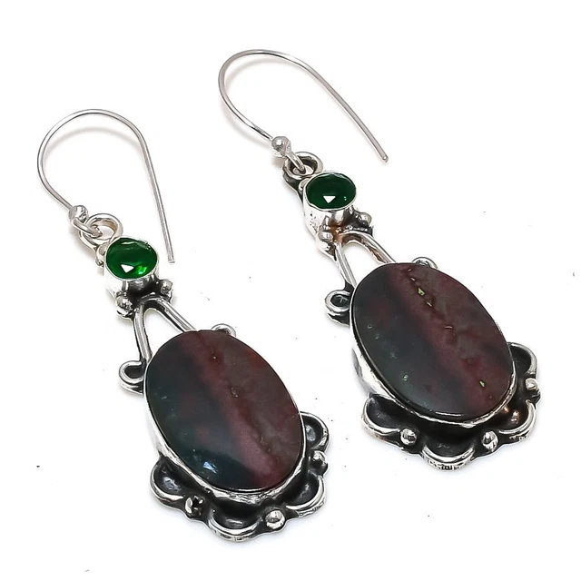 Bloodstone, Diopside Gemstone 925 Sterling Silver Jewelry Earring 2.29 " h637