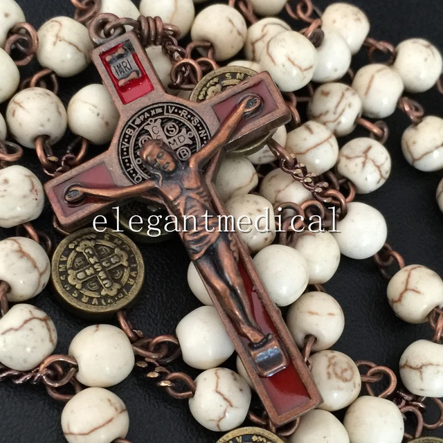 Vintage Catholic St. Saint Benedict White Turquoise beads Rosary Cross Necklace