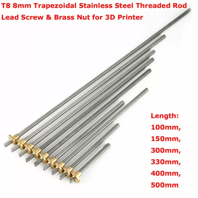 T8 Stainless Steel Lead Screw 8mm Acme Threaded Rod w/ Brass Nut 100mm - 500mm