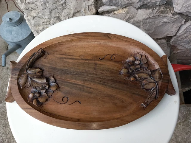 Plateau en bois ancien motif à fleurs - Vintage Pervenche et