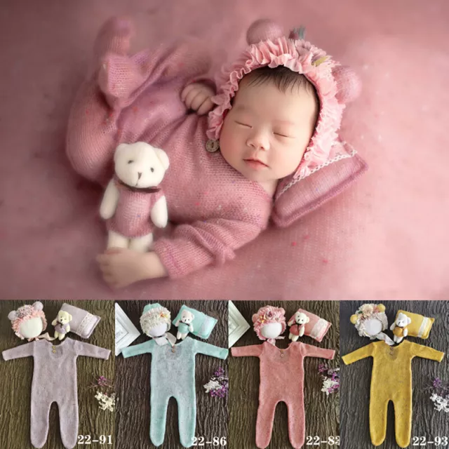 Newborn Studio Photography Prop Baby Romper Jumpsuit Pillow Bear Doll Hat Set