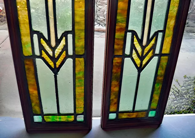 Two Antique Arts & Crafts Stained Leaded Glass Arrow Window Door Panels 26" 3