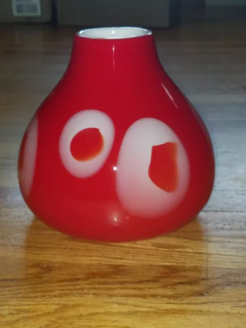 Red w/ White Circles HAND BLOWN ART GLASS / VASE Thick, Heavy & BEAUTIFUL