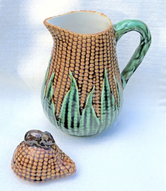 Vintage Majolica Style Brown & Green Corn Pitcher with Mouse Lid  Numbered P322