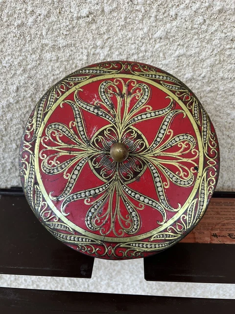 ANCIENNE BOÎTE RONDE Tôle Métal Vintage Biscuit Delacre Rouge & Or Art