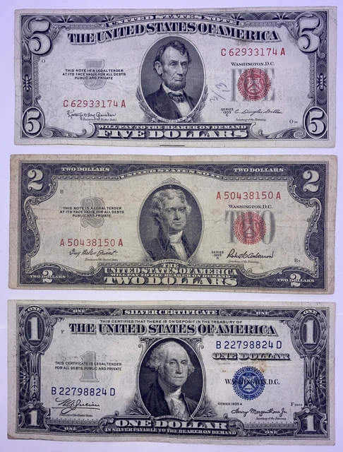 1953($5) Five Dollar Red,1953 ($2) Two Dollar Red, 1935($1) One Dollar Blue Seal